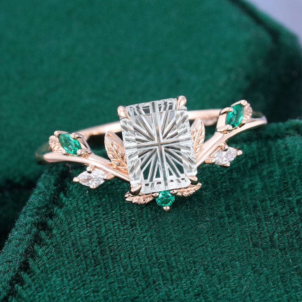 Sylvan Crown Emerald Fantasy Cut Moissanite Band Unique Emerald Leaf Engagement Ring (6)