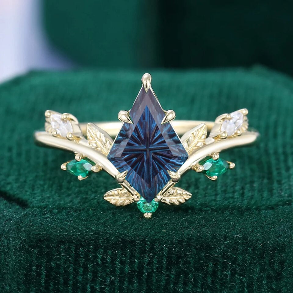 Sylvan Crown | Fantasy Cut Kite Shaped Lab Alexandrite Chevron Leaf Band Nature Inspired Engagement Ring