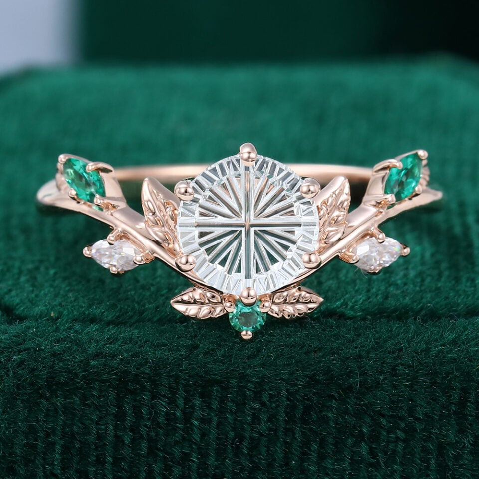 Sylvan Crown | Fantasy Cut Round Shaped Moissanite Band Unique Emerald Leaf Engagement Ring