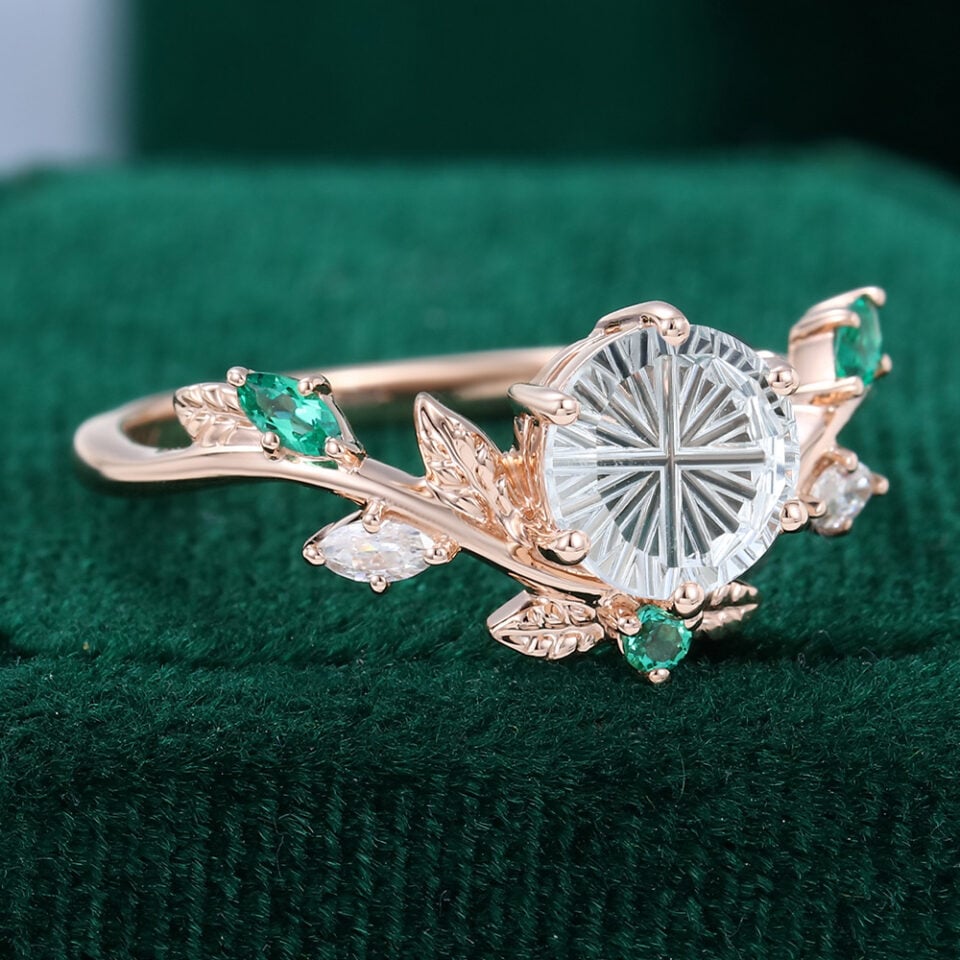 Sylvan Crown Round Fantasy Cut Moissanite Band Unique Emerald Leaf Engagement Ring (2)