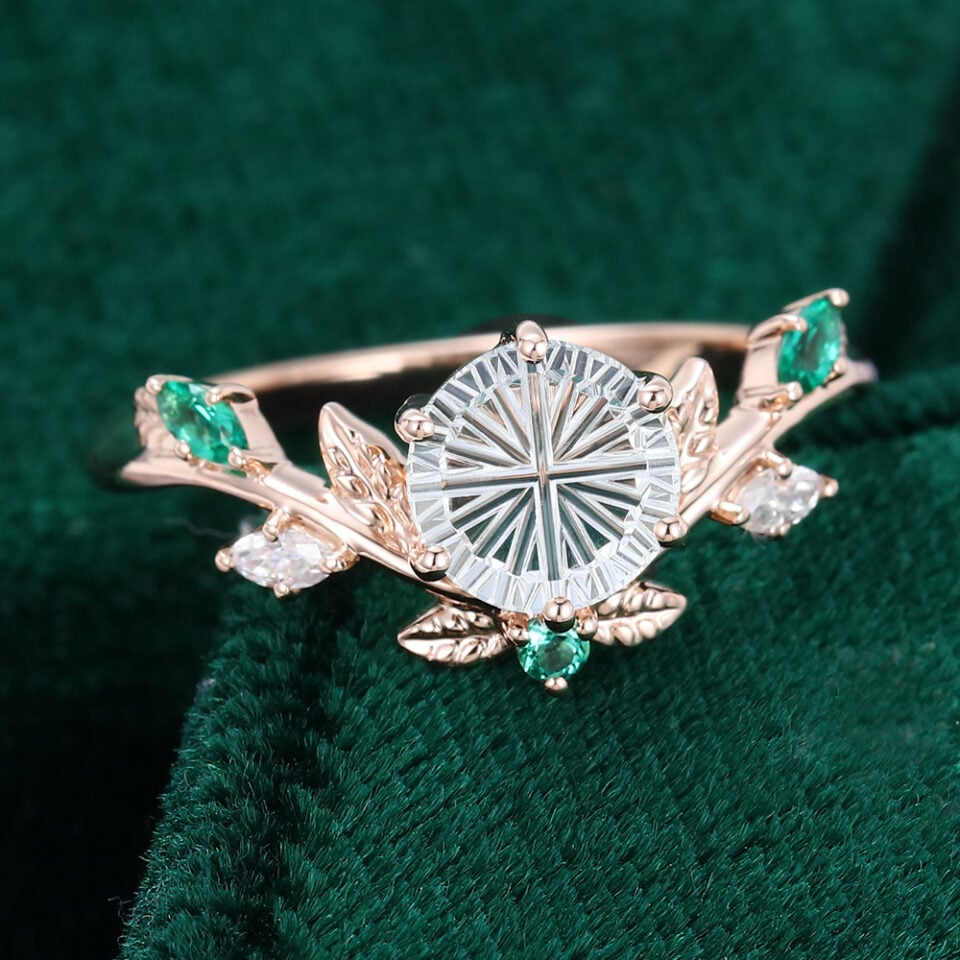 Sylvan Crown Round Fantasy Cut Moissanite Band Unique Emerald Leaf Engagement Ring (3)
