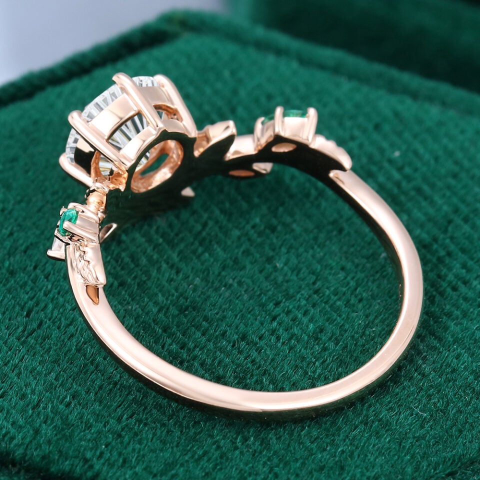 Sylvan Crown Round Fantasy Cut Moissanite Band Unique Emerald Leaf Engagement Ring (4)