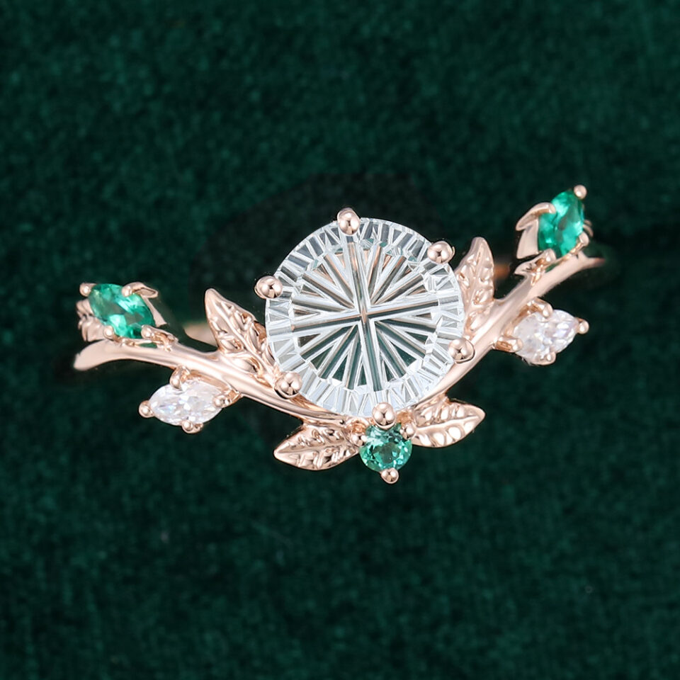 Sylvan Crown Round Fantasy Cut Moissanite Band Unique Emerald Leaf Engagement Ring (5)