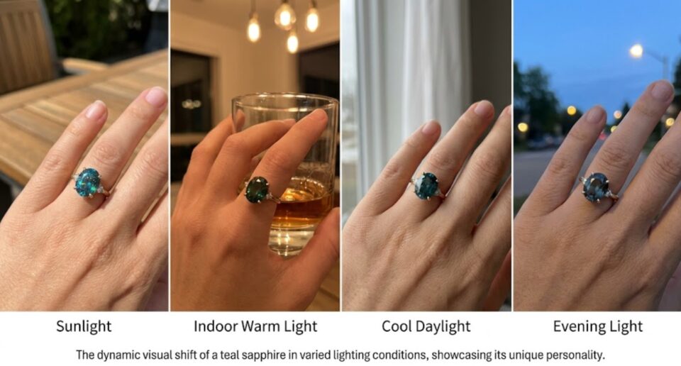 Teal Sapphire Color in Different Lighting Condition