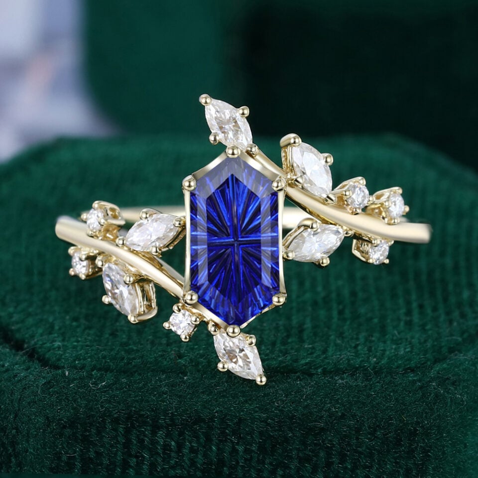 TwigLine | Fantasy Cut Long Hexagon Shaped Lab Sapphire Engagement Ring With Unique Bypass Shank