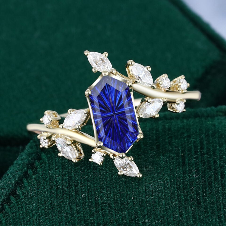 TwigLine Long Hexagon Fantasy Cut Lab Sapphire Engagement Ring With Unique Bypass Shank (3)