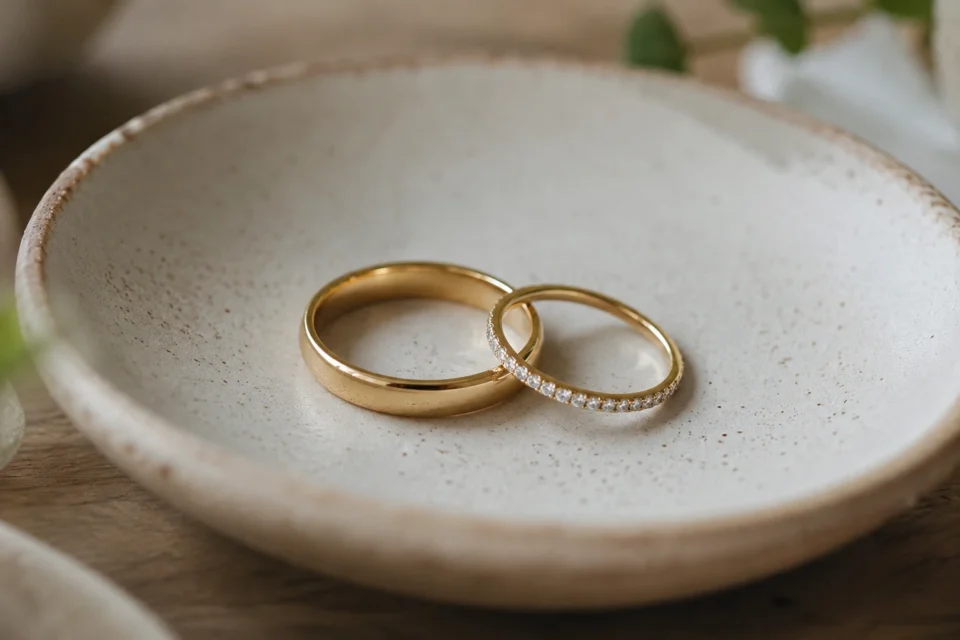 Two complementary engagement rings resting together in a jewelry dish symbolizing a double proposal