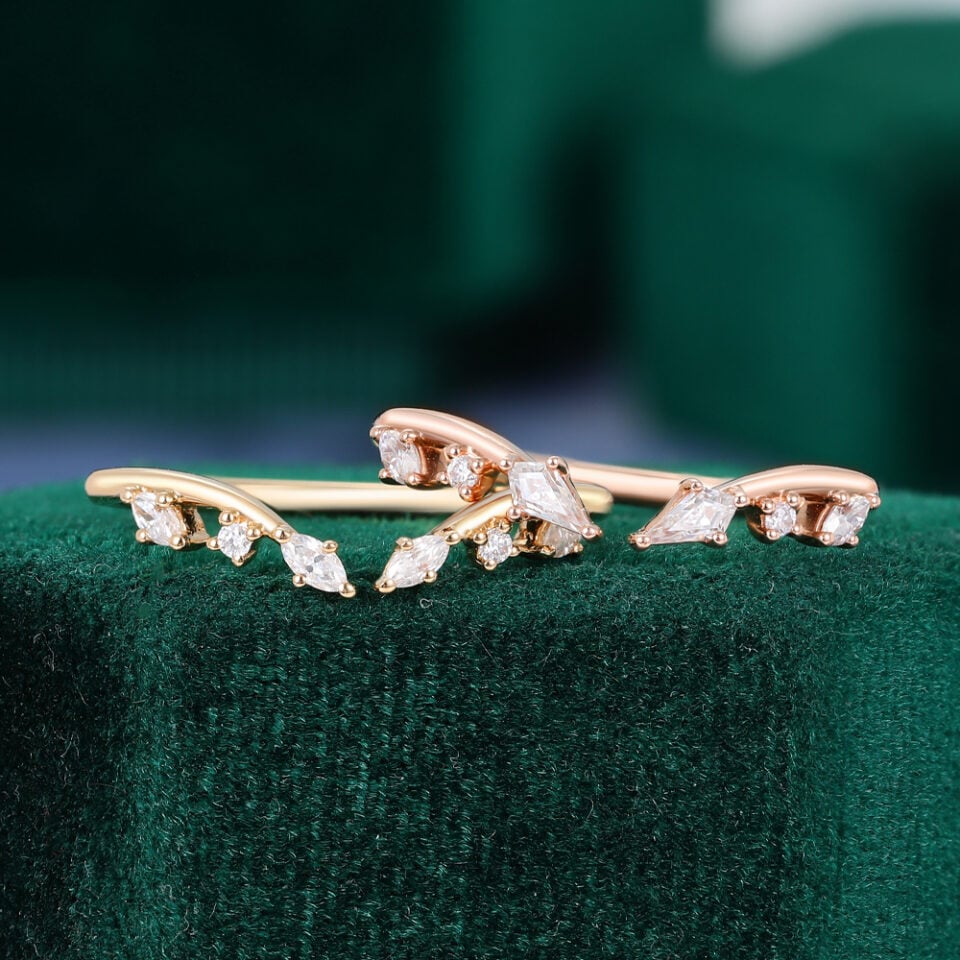 Marquise & Kite Cut Moissanite Curved Open Couple's Rings for Women Unique Matching Rings