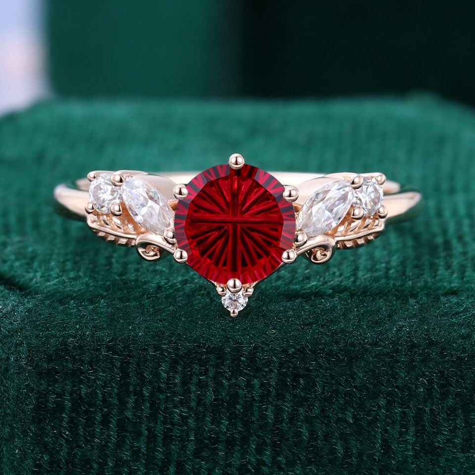 V Shaped Fantasy Cut Round Shaped Lab Ruby  Engagement Ring with Moissanite Leaf accented