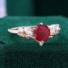 V Shaped Round Fantasy Cut Lab Ruby Engagement Ring with Moissanite accented Leaf Ring (2)