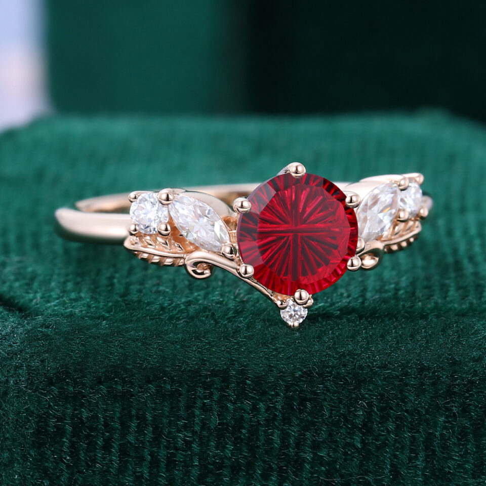 V Shaped Round Fantasy Cut Lab Ruby Engagement Ring with Moissanite accented Leaf Ring (2)