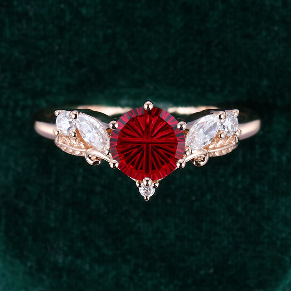 V Shaped Round Fantasy Cut Lab Ruby Engagement Ring with Moissanite accented Leaf Ring (3)