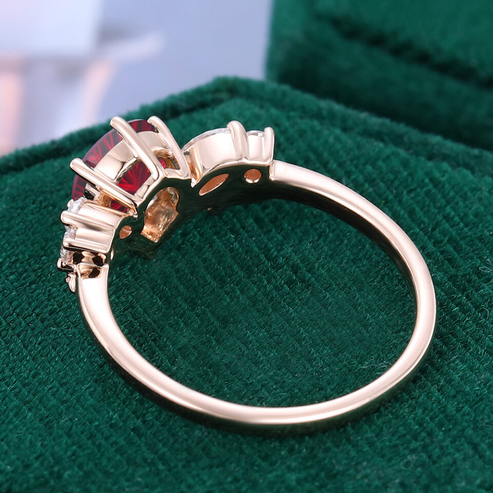 V Shaped Round Fantasy Cut Lab Ruby Engagement Ring with Moissanite accented Leaf Ring (5)