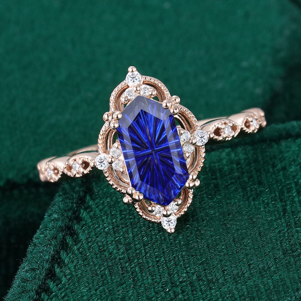 Vintage Long Hexagon Fantasy Cut Lab Sapphire Beaded Engagement Ring (1)