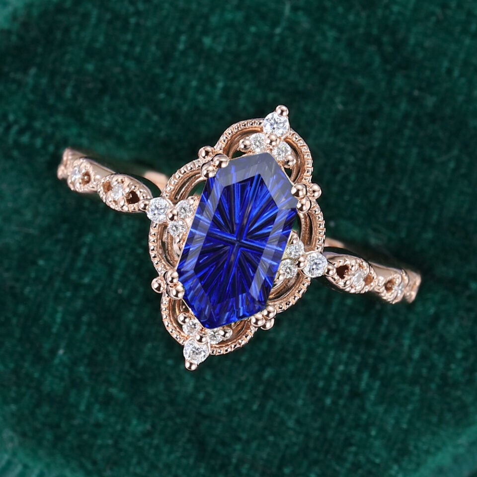 Vintage Long Hexagon Fantasy Cut Lab Sapphire Beaded Engagement Ring (11)