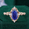 Vintage Long Hexagon Fantasy Cut Lab Sapphire Beaded Engagement Ring