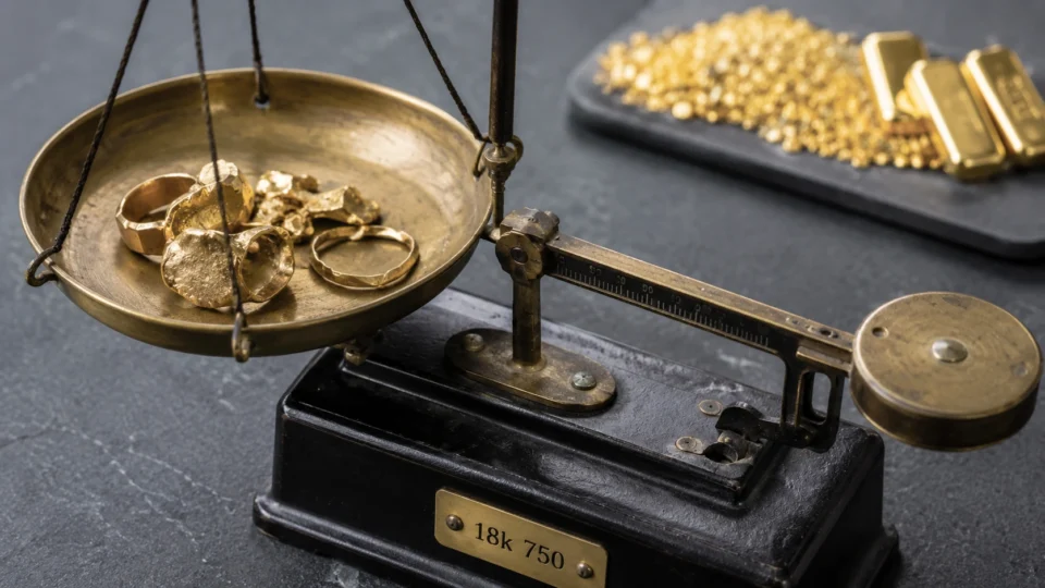 Weighing scrap wedding gold rings on a balance scale for custom anniversary credit