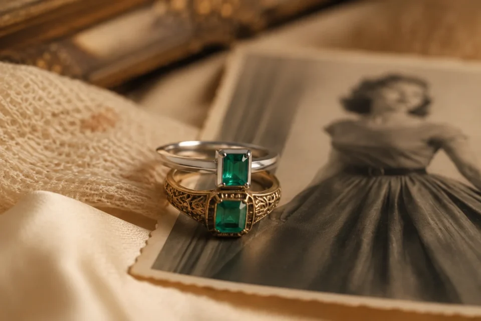 A modern silver emerald ring stacked on a vintage gold heirloom ring next to an old family photo, showing inherited jewelry redesign