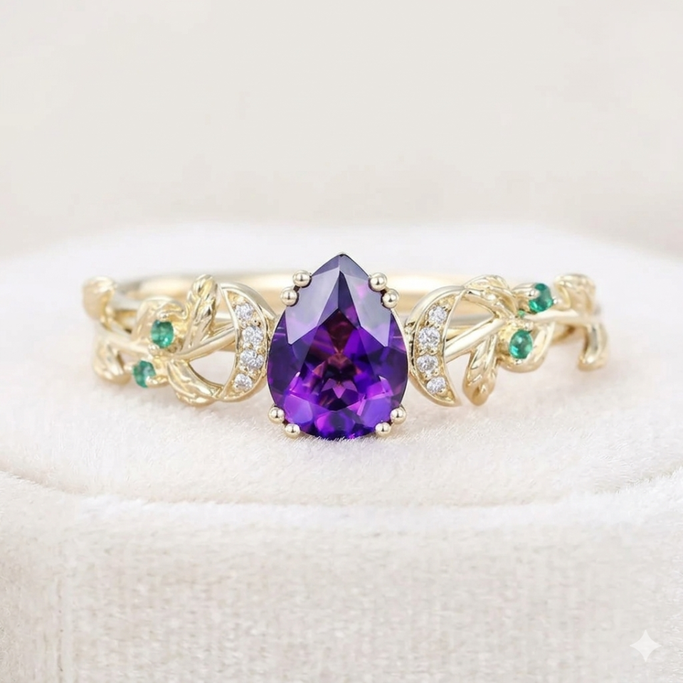 Crescent Inspired Pear Cut Amethyst Promise Ring Garden Themed Engagement Ring