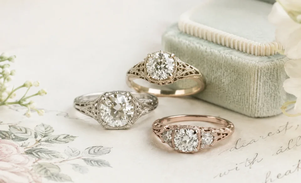 Custom vintage engagement rings in mixed metals with filigree, milgrain, and oec diamonds