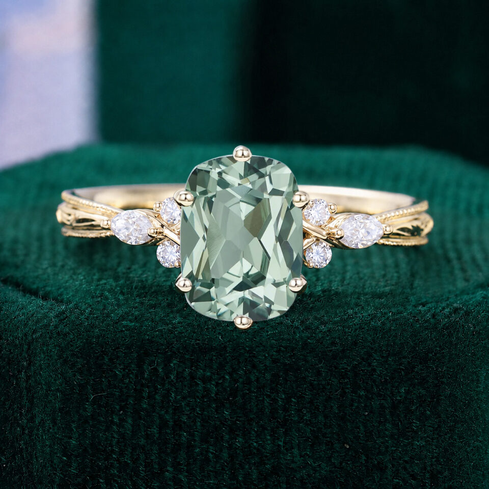 Elongated cushion lab green sapphire.