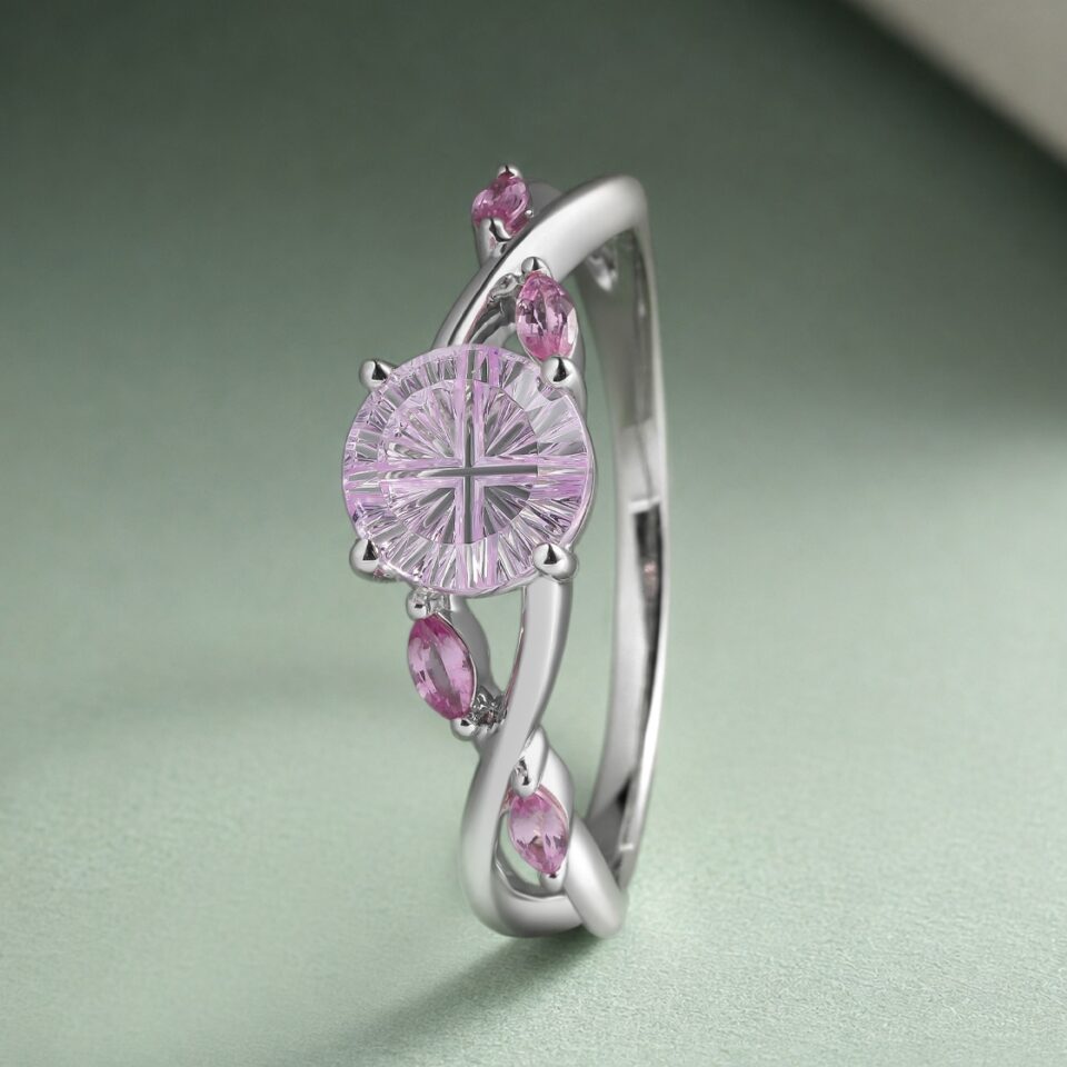 Eternal Embrace Fantasy Cut Round Shaped Lavender Haze YAG Split Shank Promise Ring (2)