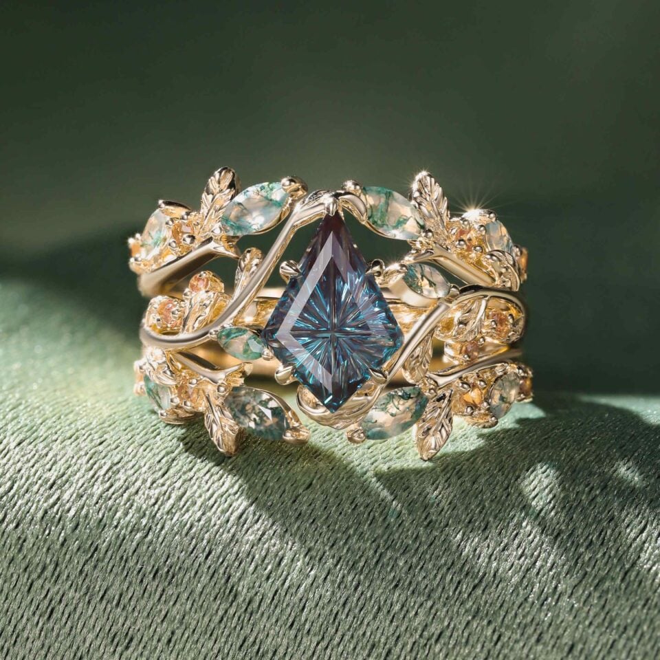 Fantasy Cut Kite Shaped Lab Alexandrite Bridal Set Enchanted Forest Engagement Ring Set (1)