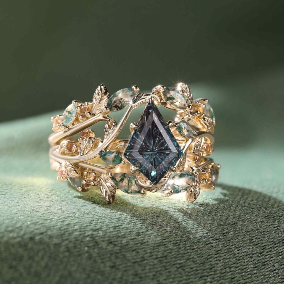 Fantasy Cut Kite Shaped Lab Alexandrite Bridal Set Enchanted Forest Engagement Ring Set (10)