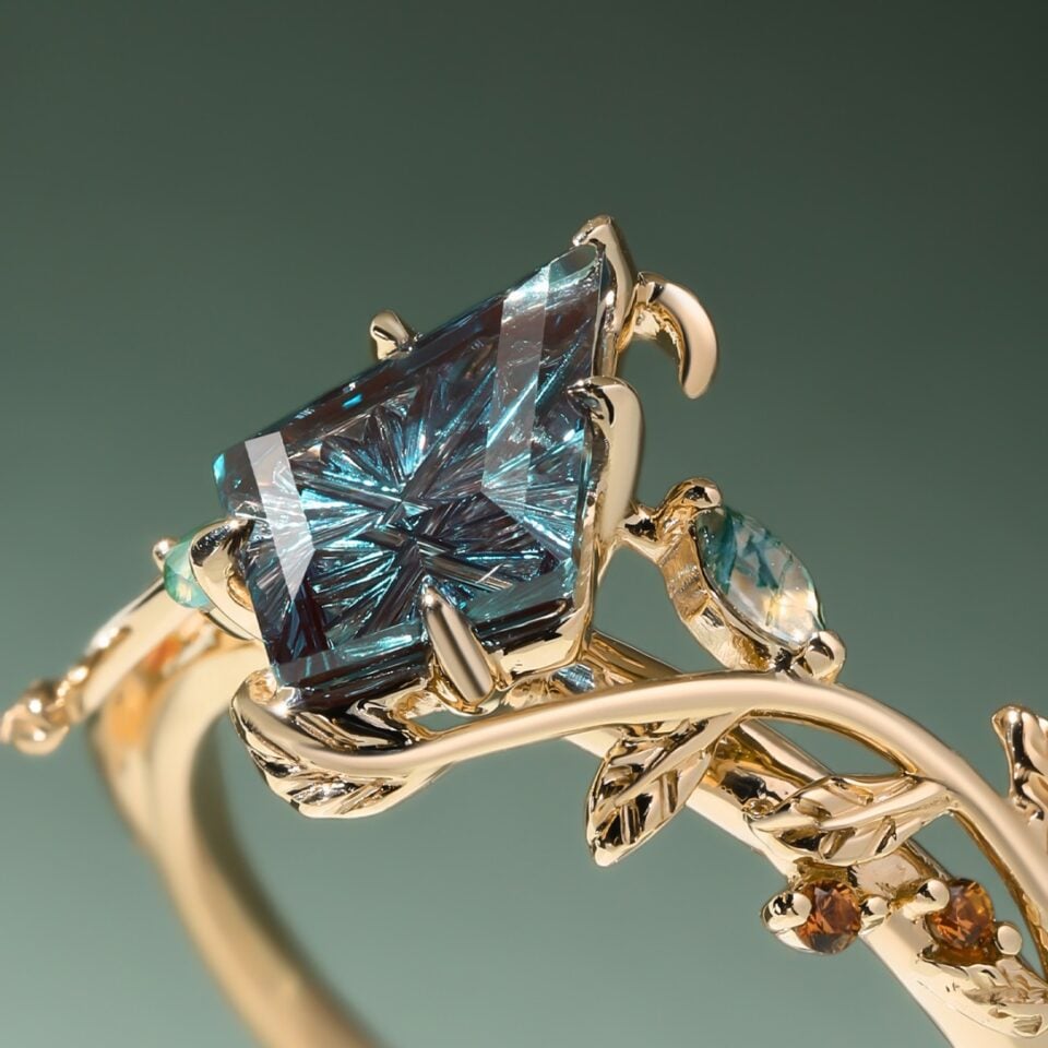 Fantasy Cut Kite Shaped Lab Alexandrite Bridal Set Enchanted Forest Engagement Ring Set (2)