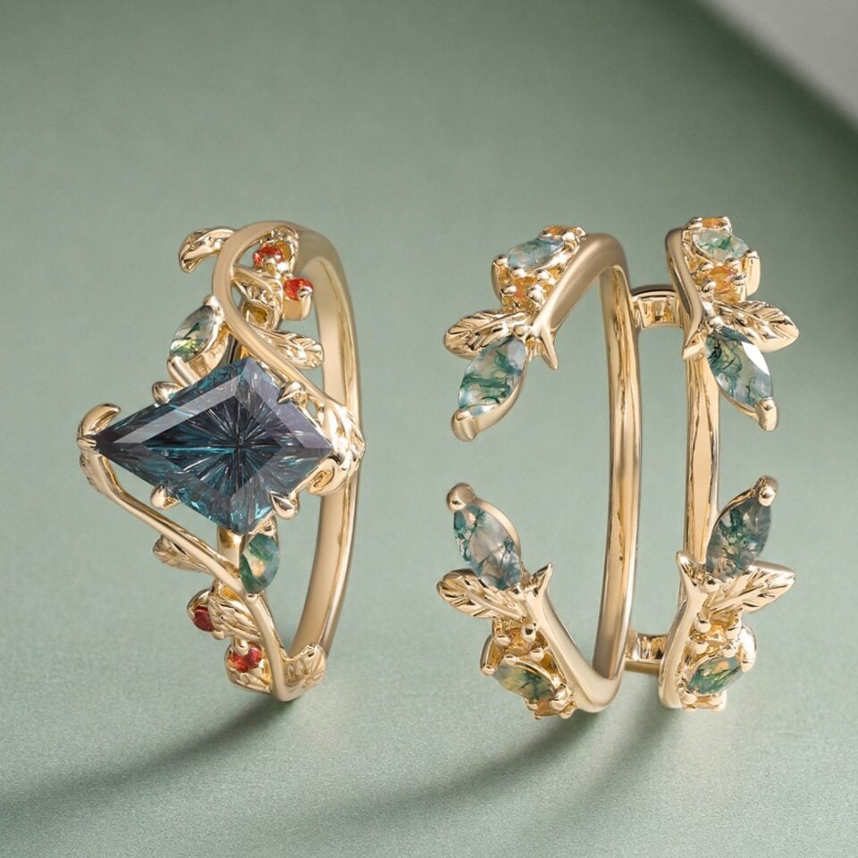Fantasy Cut Kite Shaped Lab Alexandrite Bridal Set Enchanted Forest Engagement Ring Set (3)