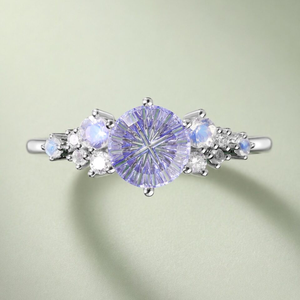 Fantasy Cut Round Shaped Lab Cornflower Sapphire Engagement Ring Bubble Cluster Ring (10)