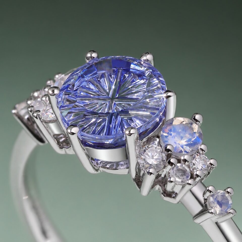 Fantasy Cut Round Shaped Lab Cornflower Sapphire Engagement Ring Bubble Cluster Ring (2)