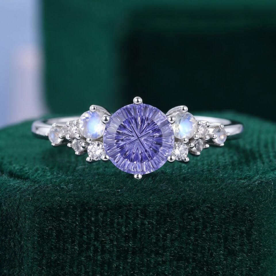 Fantasy Cut Round Shaped Lab Cornflower Sapphire Engagement Ring Bubble Cluster Ring