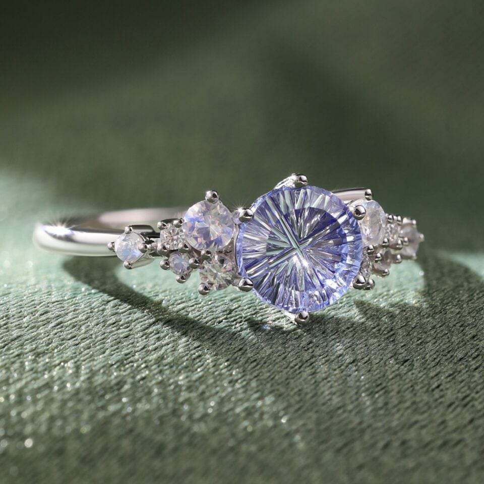 Fantasy Cut Round Shaped Lab Cornflower Sapphire Engagement Ring Bubble Cluster Ring (7)