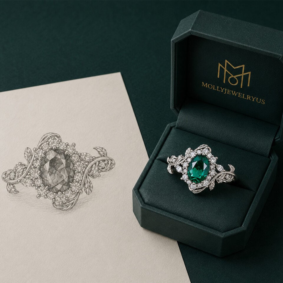 From design to reality: bespoke emerald ring displayed with sketch