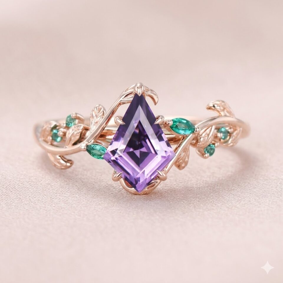 Kite Cut Amethyst Engagement Ring with Emerald Accents