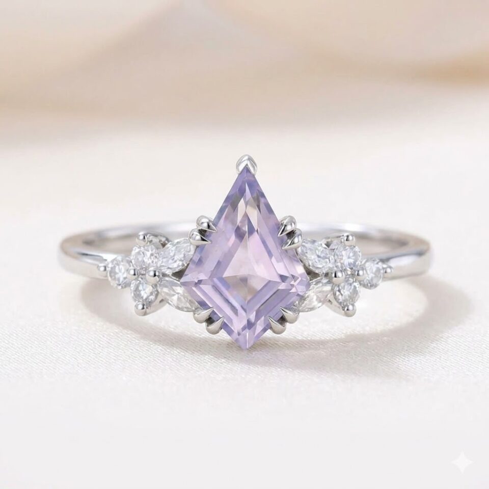 Kite Cut Lavender Amethyst Engagement Ring with Moissanite Blossom