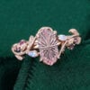 LeafLace Fantasy Cut Long Hexagonal Lab Pink Sapphire Promise Ring with Moonstone & Amethyst Accents (3)