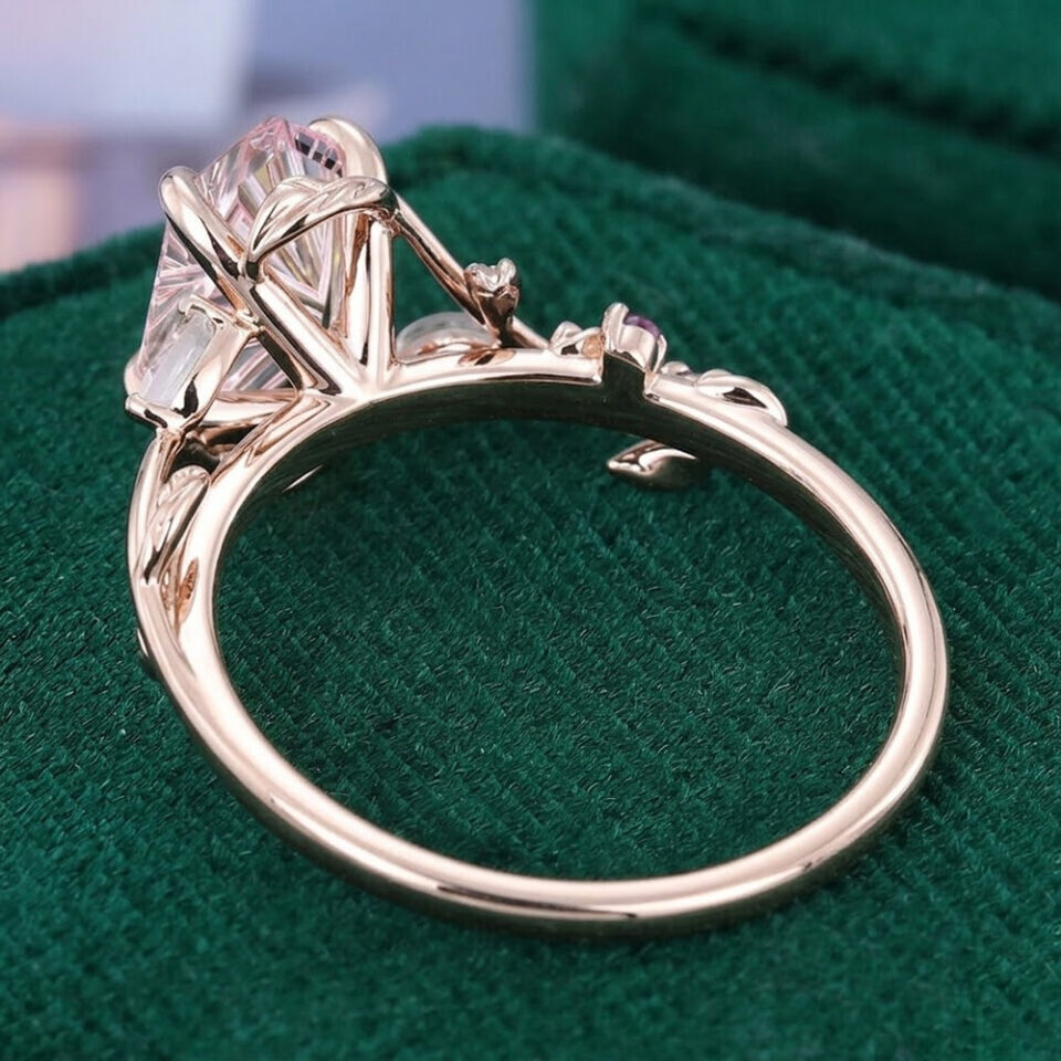 LeafLace Fantasy Cut Long Hexagonal Lab Pink Sapphire Promise Ring with Moonstone & Amethyst Accents (4)
