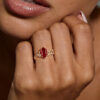 LeafLace Fantasy Cut Long Hexagonal Ruby Engagement Ring with Moonstone & Amethyst Accents (1)