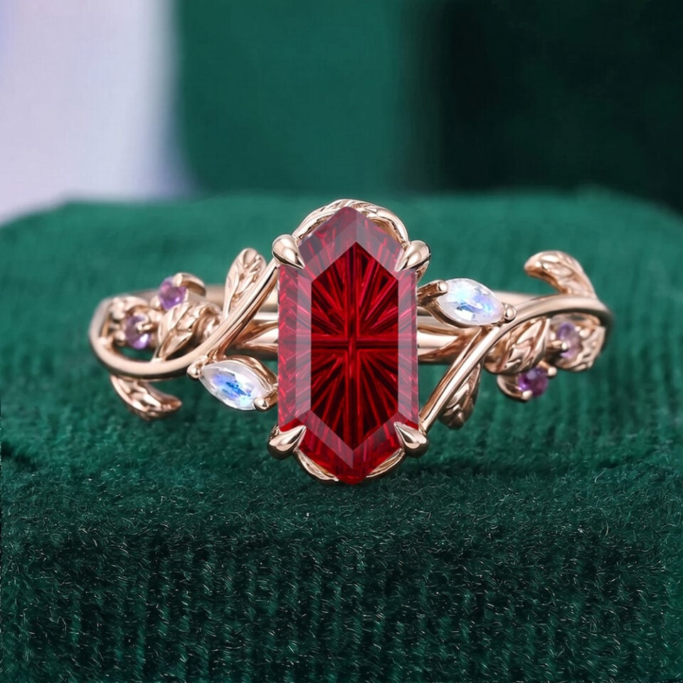 LeafLace | Fantasy Cut Long Hexagonal Ruby Engagement Ring with Moonstone & Amethyst Accents