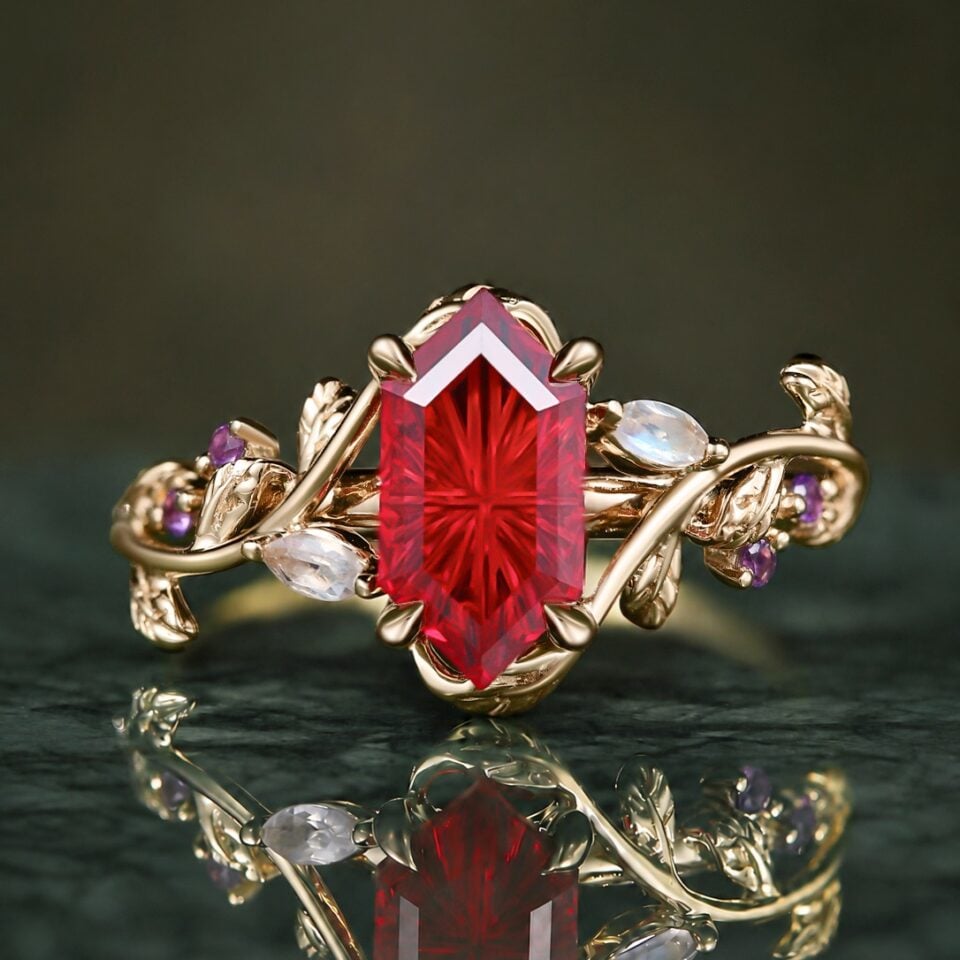 Leaflace fantasy cut long hexagonal ruby engagement ring with moonstone & amethyst accents