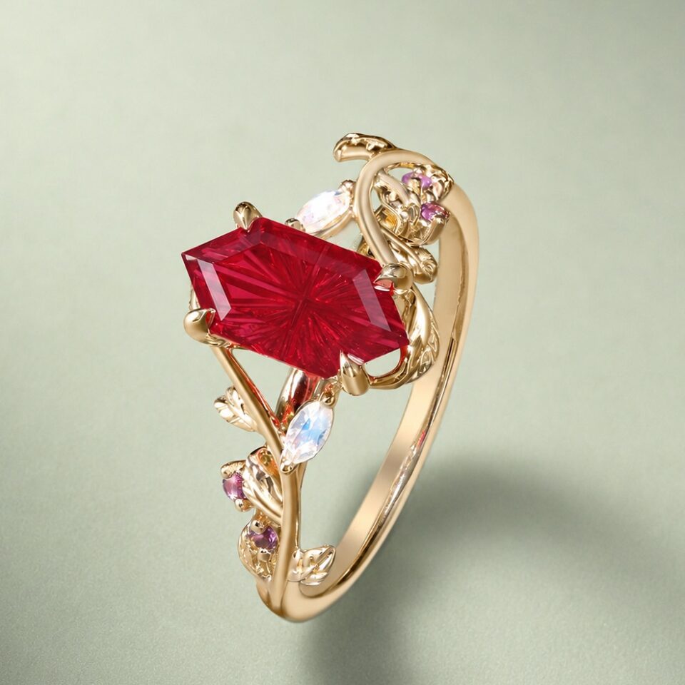 LeafLace Fantasy Cut Long Hexagonal Ruby Engagement Ring with Moonstone & Amethyst Accents (5)