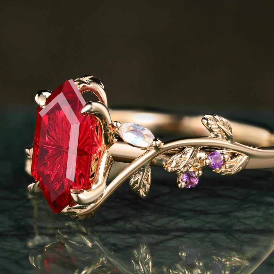 LeafLace Fantasy Cut Long Hexagonal Ruby Engagement Ring with Moonstone & Amethyst Accents (6)