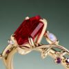 Leaflace fantasy cut long hexagonal ruby engagement ring with moonstone & amethyst accents