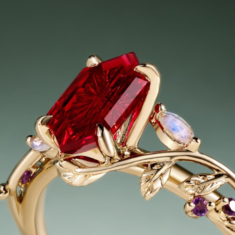 Leaflace fantasy cut long hexagonal ruby engagement ring with moonstone & amethyst accents