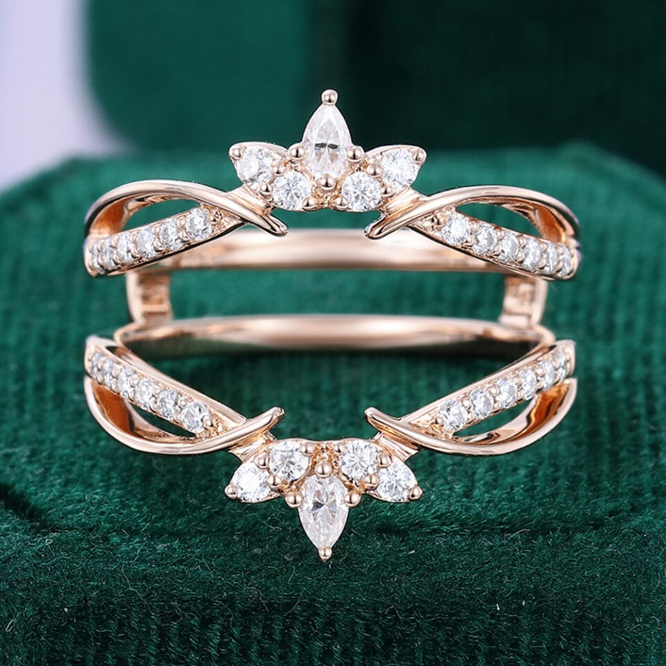 Pear Shaped Moissanite Crown Curved Wedding Band Ring Enhancer