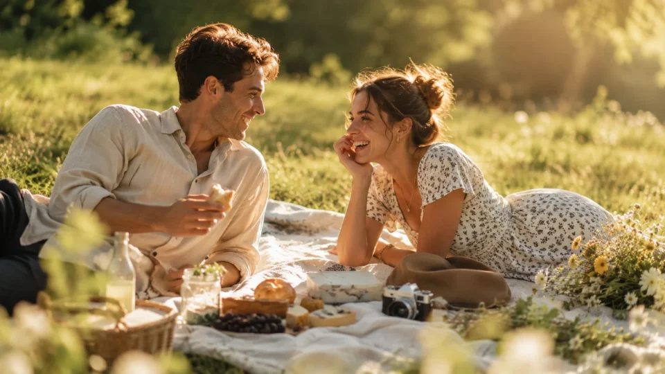 Relaxed couple having an outdoor picnic date to give a promise ring