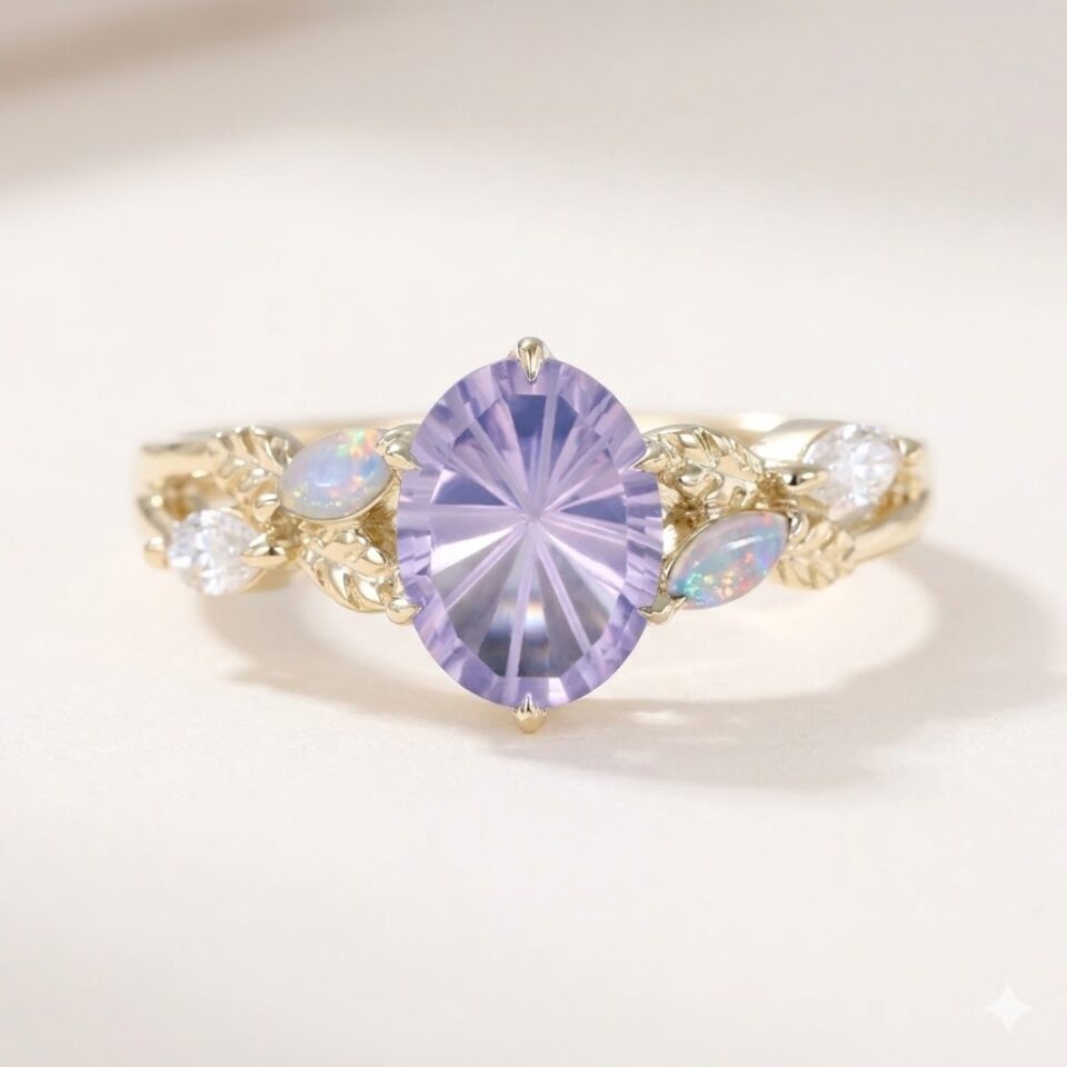 Sunburst Cut Oval Lavender Amethyst Nature Inspired Engagement Ring with Leaf Accents