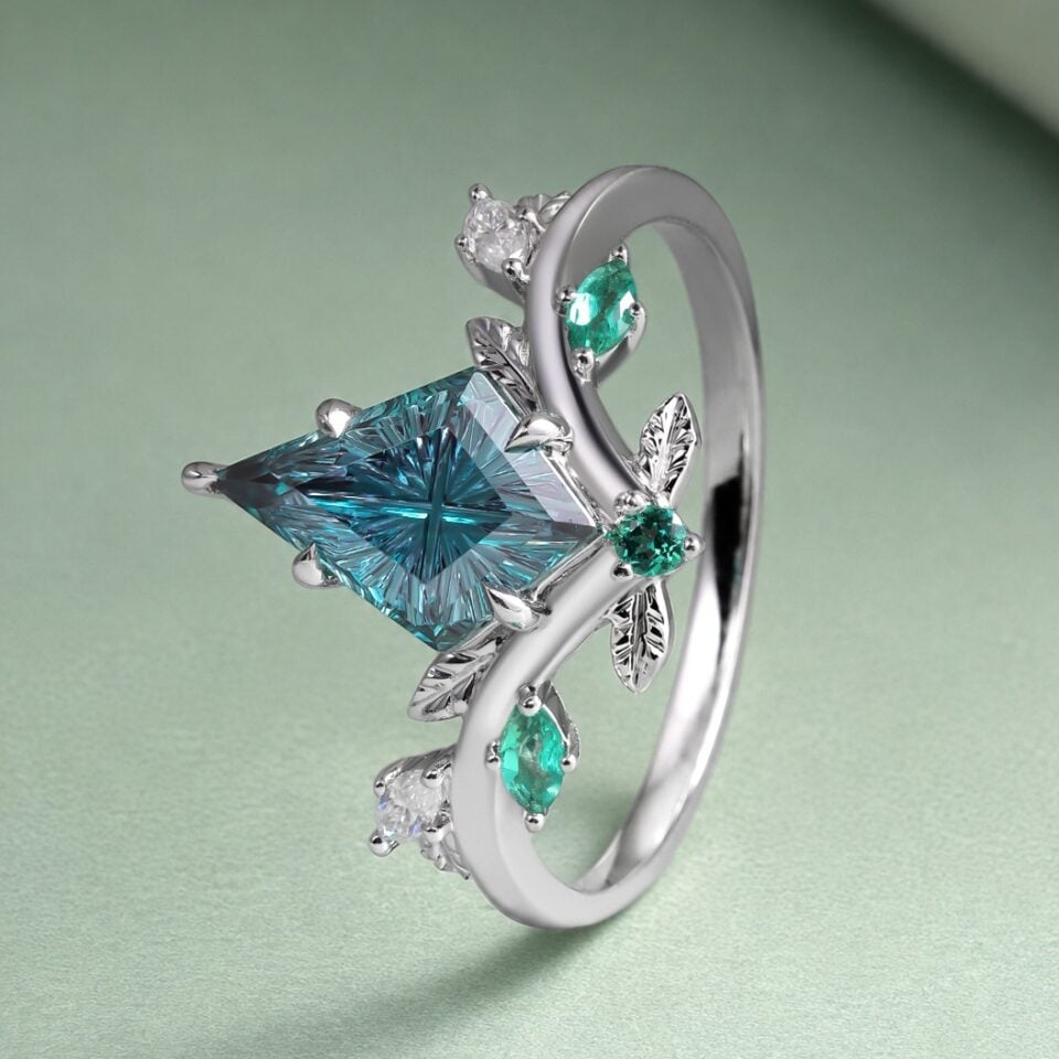 Sylvan Crown Fantasy Cut Kite Shaped Lab Alexandrite Chevron Leaf Band Nature Inspired Engagement Ring (2)